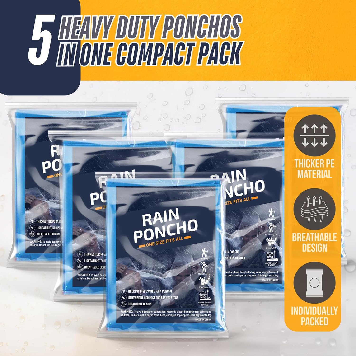 Emergency Poncho Rain - 5Pcs Disposable Rain Ponchos for Adults,